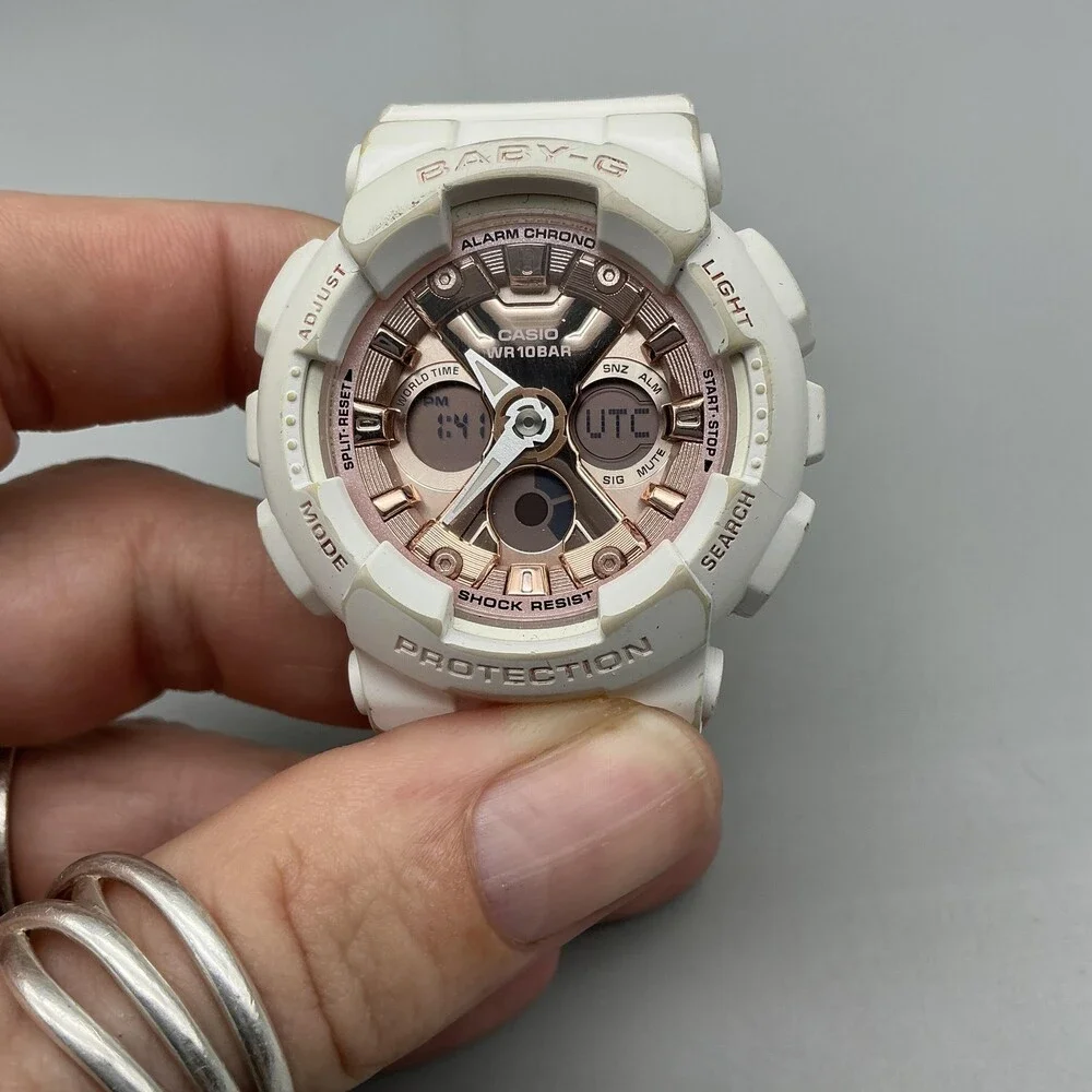 Casio Baby-G 5607 BA-130SP Womens Watch 40mm Rose Gold Dial White New Battery
